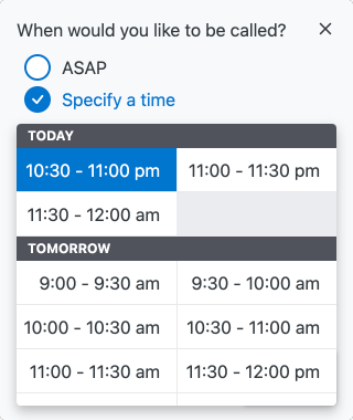 Screenshot where you select when you want to be called back.